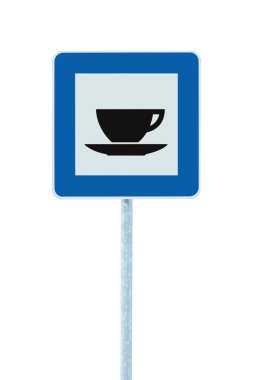 Restaurant road sign on post pole, traffic roadsign, blue isolat clipart