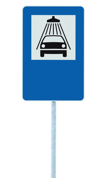 Znak drogowy Myjnia na stanowisko Polak, drogowskaz ruchu, na białym tle niebieski — Zdjęcie stockowe