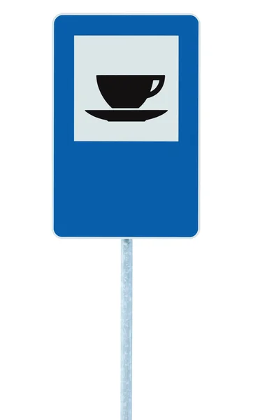 Restaurant panneau routier sur poteau, panneau de signalisation, isolat bleu — Photo