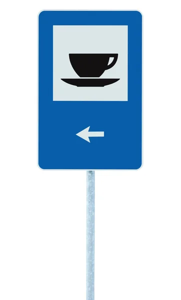 Restaurang vägskylt på post pole, trafik kör, blå isolat — Stockfoto