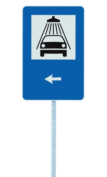 Carro sinal de estrada lavagem no poste, sinal de trânsito, azul isolado — Fotografia de Stock