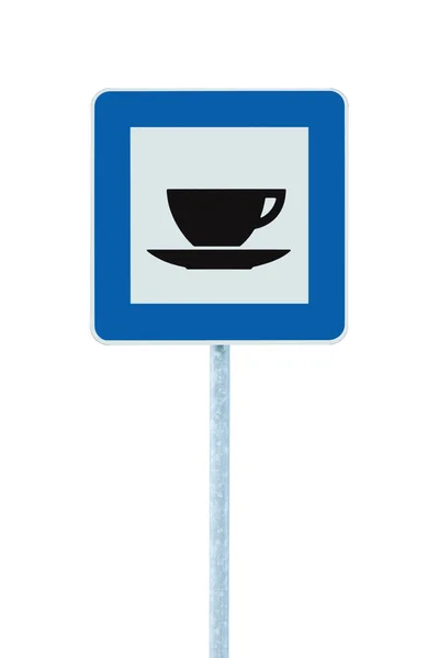 Restaurant road sign on post pole, traffic roadsign, blue isolat — Stock Photo, Image