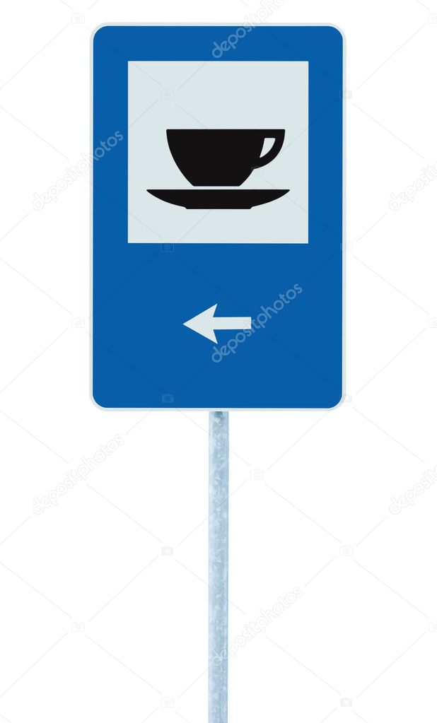 Restaurant road sign on post pole, traffic roadsign, blue isolat