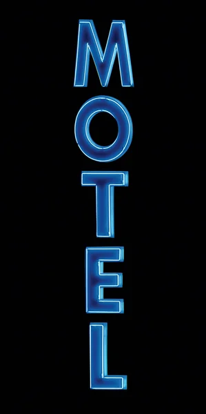 蓝色霓虹灯汽车旅馆标志在晚上，垂直隔离特写 — 图库照片