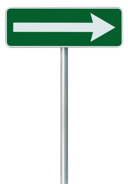 Right traffic route only direction sign turn pointer, green isol clipart