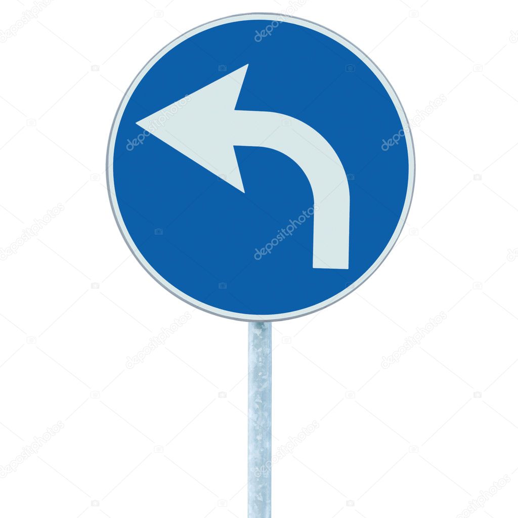 Turn left ahead sign, blue round isolated roadside traffic signa