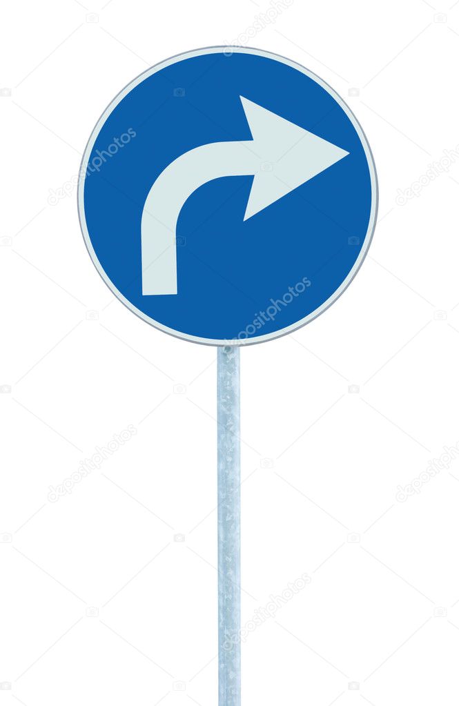 Turn right ahead sign, blue round isolated roadside traffic sign