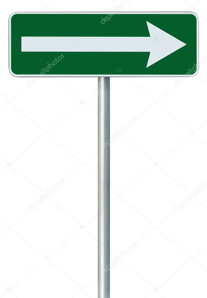 Right traffic route only direction sign turn pointer, green isol