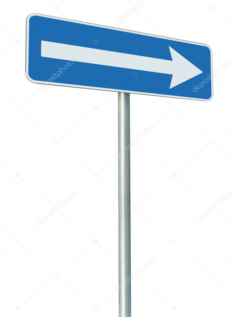 Right traffic route only direction sign turn pointer, blue isola