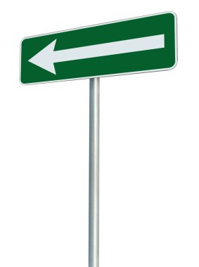 Left traffic route only direction sign turn pointer, green isola clipart