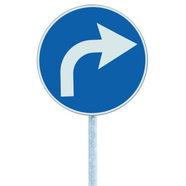 Turn right ahead sign, blue round isolated roadside traffic sign clipart