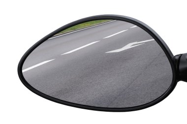 Rear view mirror reflecting road, left side lateral, macro closeup clipart