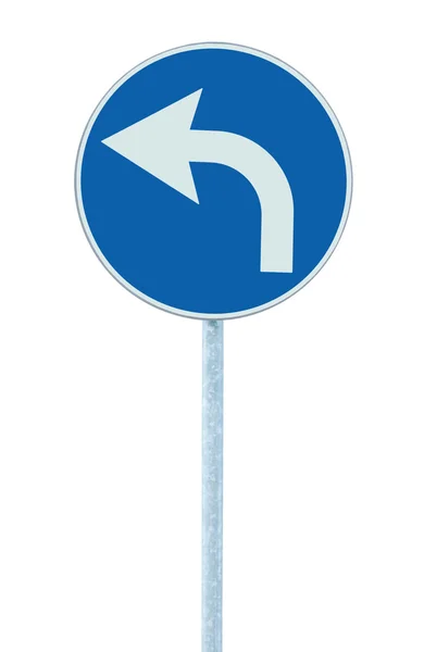 Skręcić w lewo znak z wyprzedzeniem, niebieski okrągły na białym tle ruchu drogowych signa — Zdjęcie stockowe