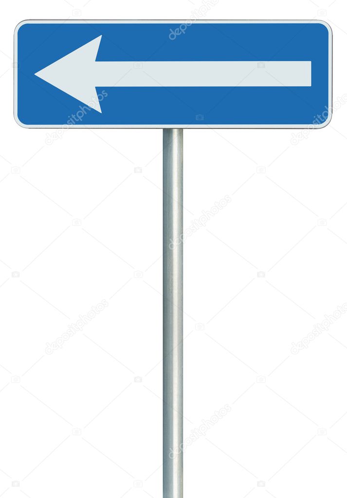 Left traffic route only direction sign turn pointer, blue isolat