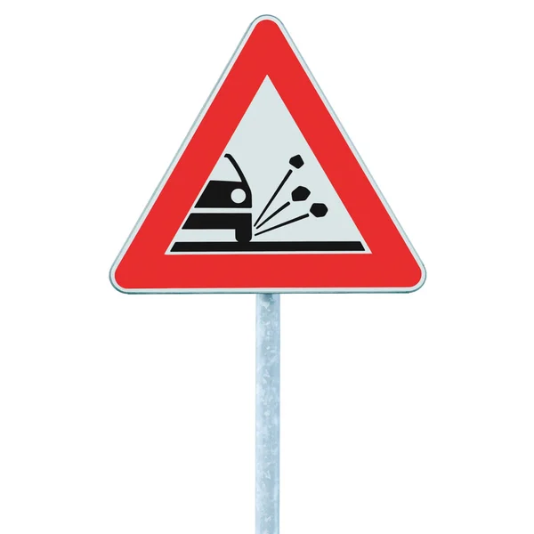 Λιθόκοκκοι χαλίκια χαλαρά ώμο κίνδυνο οδικών σημάδι προειδοποίησης, μόνωσ — Φωτογραφία Αρχείου