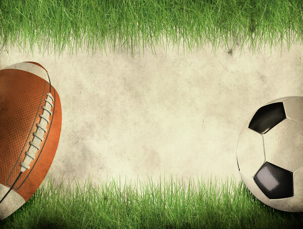 American football and soccer ball on grunge background