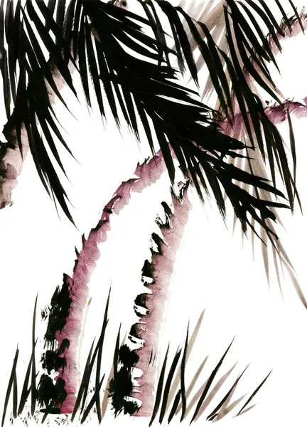 Malet landskab med palmer i stil med Wu Xing - Stock-foto