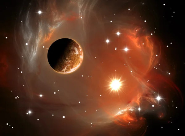 Красочная космическая туманность и планета — стоковое фото