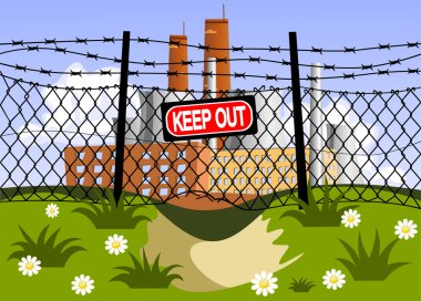 Factory and wire fence with barbed wires. Hole under the fence clipart