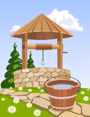 Old wooden well and bucket of water clipart