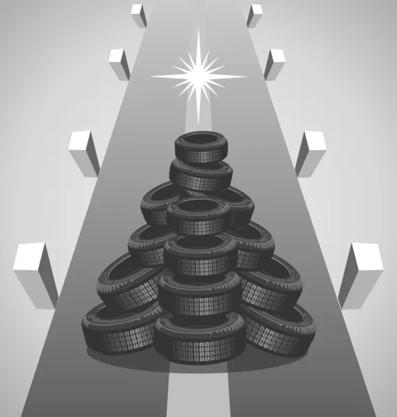 Pneus de carro Heap como uma árvore de Natal — Vetor de Stock