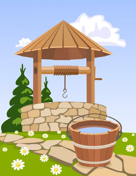 Velho poço de madeira e balde de água —  Vetores de Stock