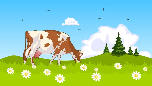 Cow in the meadow at the edge of grove — Stock Vector