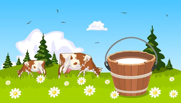 Vaca en el prado cubo de leche en primer plano — Vector de stock