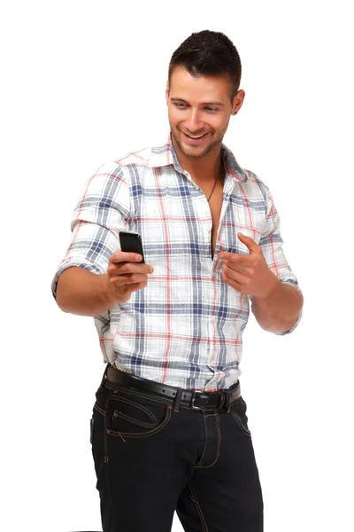 Portrait of a young man with phone — Stock Photo, Image