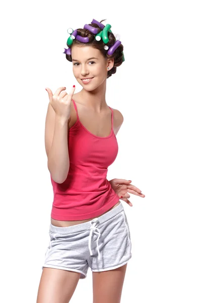 Adolescente feliz secando suas unhas — Fotografia de Stock