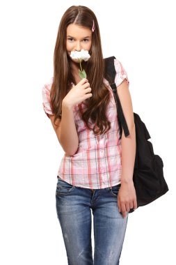 Cute student smells a flower clipart