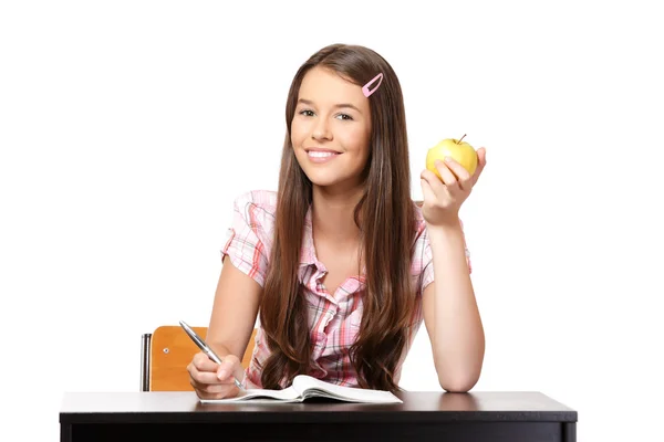 Portrét šťastné teenager s apple — Stock fotografie
