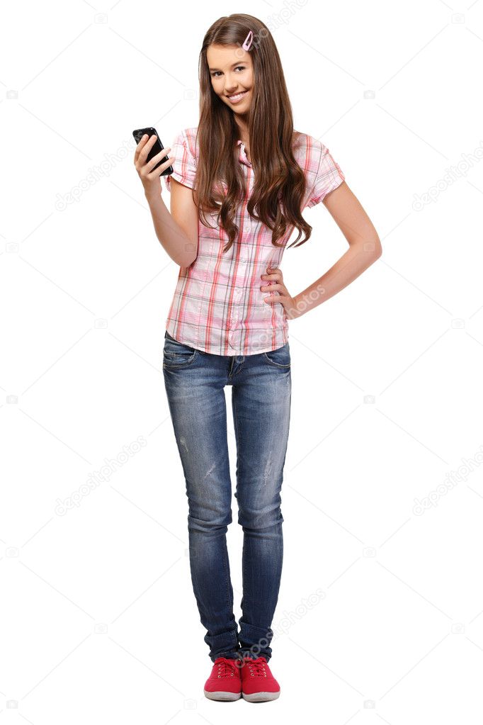 Nice student holding cellphone in her hand