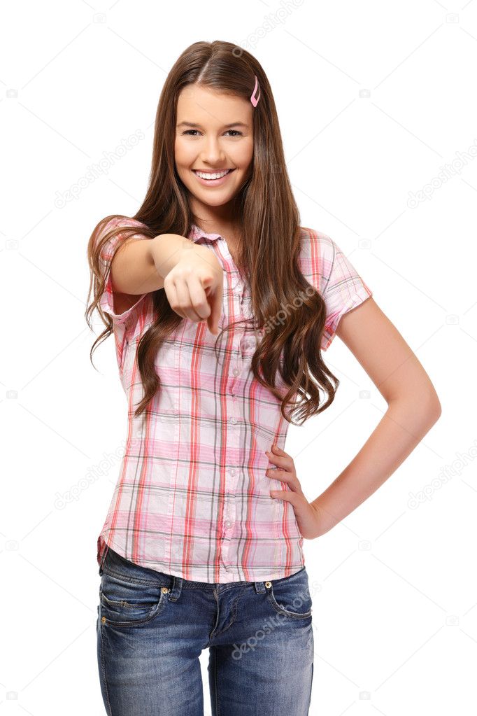 Happy student pointing at you