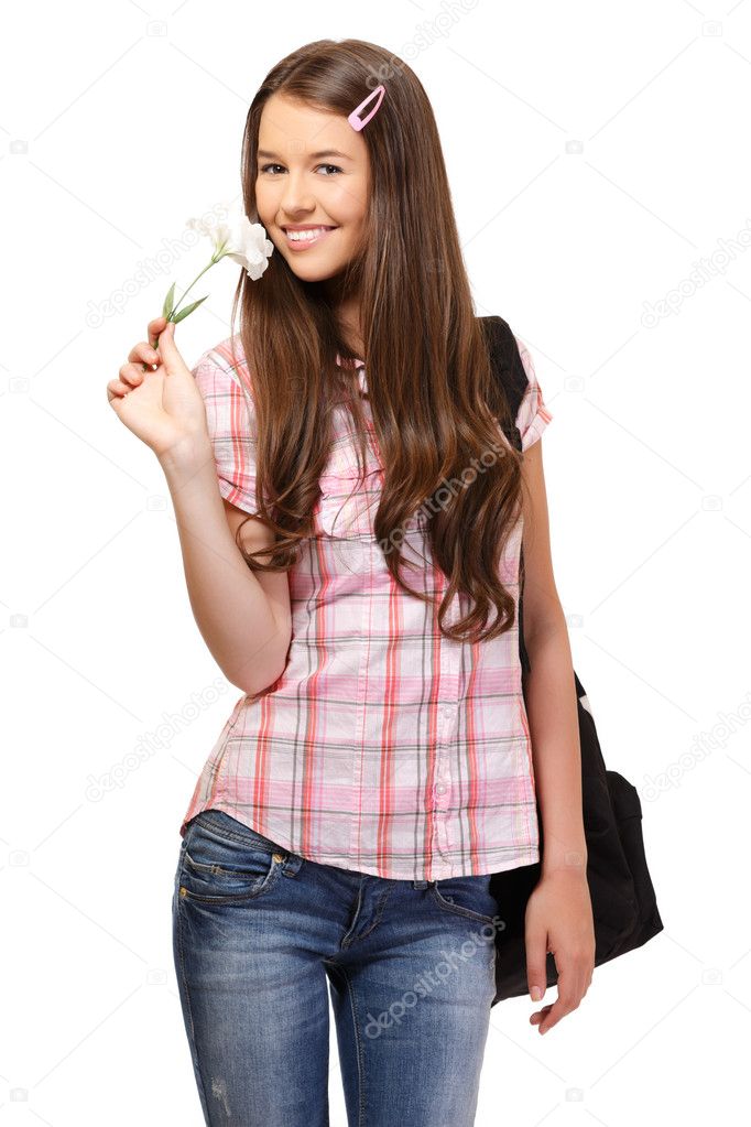 Portrait of a happy student with flower