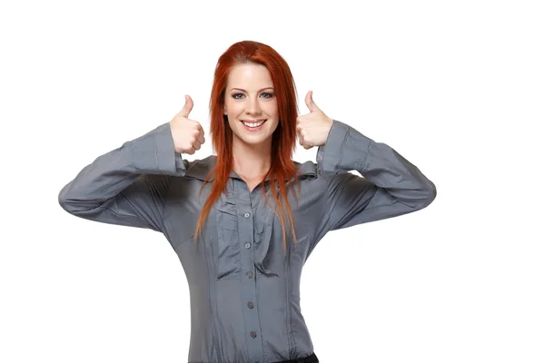 Portrét ženy úspěšné zrzka s palec nahoru — Stock fotografie