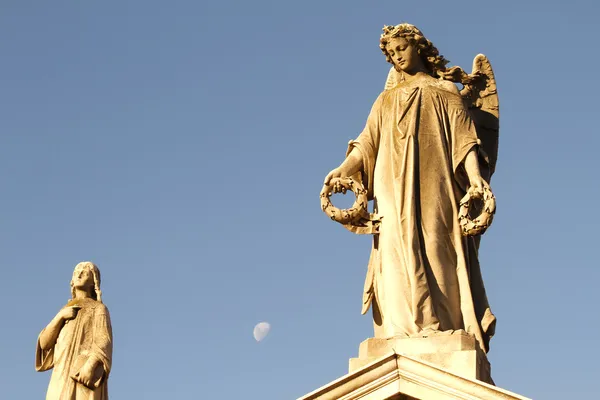 雕像中的雷科莱塔公墓与 backgrou 中的月亮 — 图库照片