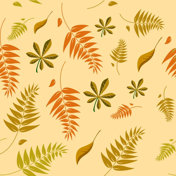 A seamless autumn background with different shaped leaves in var — Stock Vector