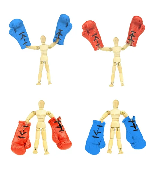 Wooden men with boxing gloves — Stock Photo, Image