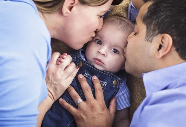 Mixed Race Parent Kissing Their Son — Stock Photo, Image