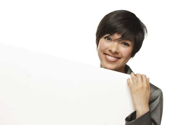 Mixed Race Young Adult Female Holding Blank White Sign — Stock Photo, Image