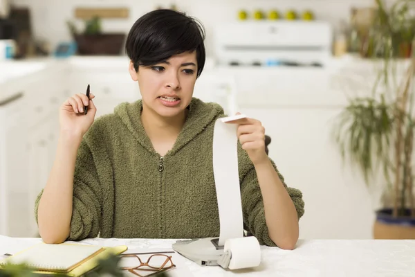 Mixed Race Young Female Agonizing Over Financial Calculations — Stock Photo, Image