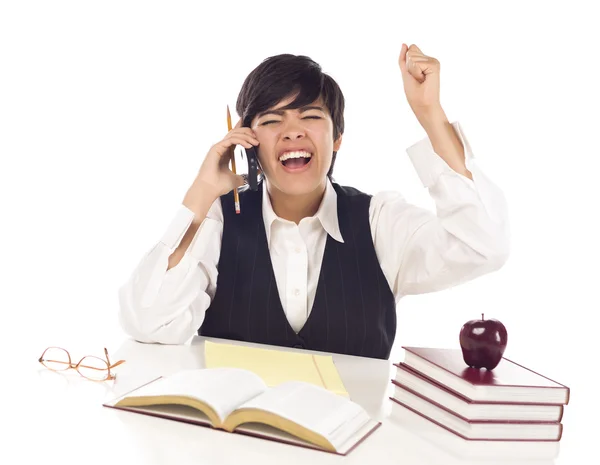 Excited Mixed Race Female Student on Cell Phone Cheers — Stock Photo, Image