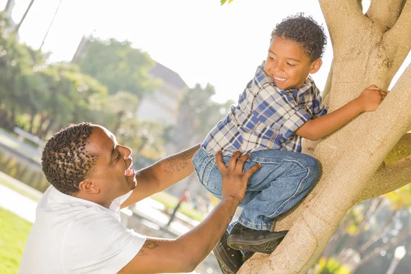 Szczęśliwy mieszanej rasy ojciec pomoc syna wspiąć się na drzewo — Zdjęcie stockowe