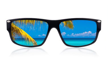 Sunglasses with reflections of a tropical beach clipart