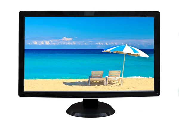 Affichage TV montrant une plage tropicale isolée sur blanc — Photo
