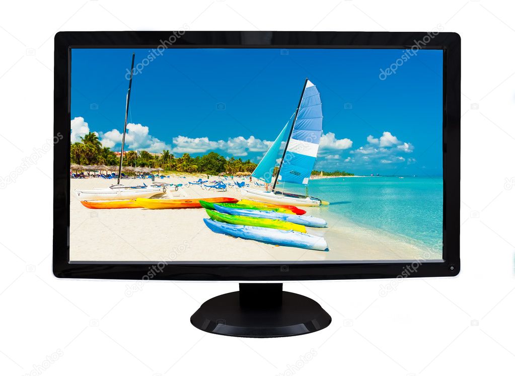 TV Display showing a tropical beach isolated on white