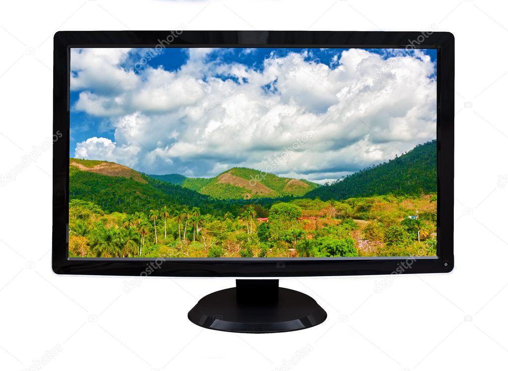 TV Display showing a tropical valley isolated on white