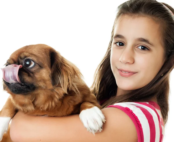 Dziewczynka hiszpanin noszenie pewien mały pies — Zdjęcie stockowe