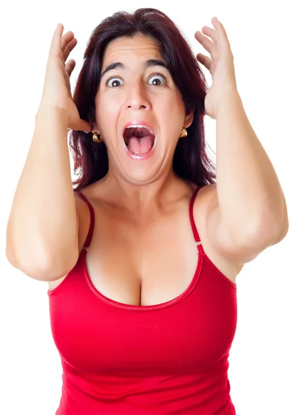 Nadšený hispánský žena křičí izolované na bílém — Stock fotografie